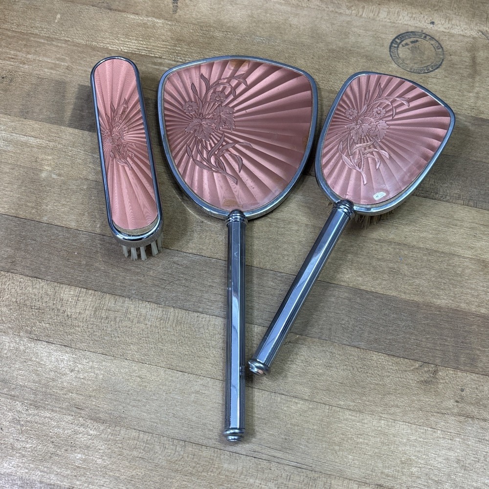 Vintage 1930s Art Deco Pink Guilloché Vanity Set Mirror Hair Brush Clothes Brush